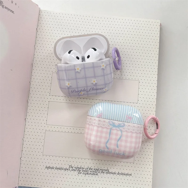 Cute Contrast Plaid Flower Bow Pattern Case For Airpods 1 2 3 4 Protective Shell Soft Cover For Airpods Pro2/3 Cases with Hook