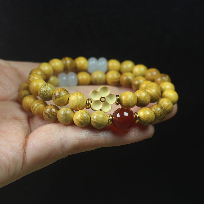 

Golden Sandalwood Chinese Style 8mm Double Circle Prayer , Boxwood Flower Bead Bracelet, Buddhist Beads, Decorative