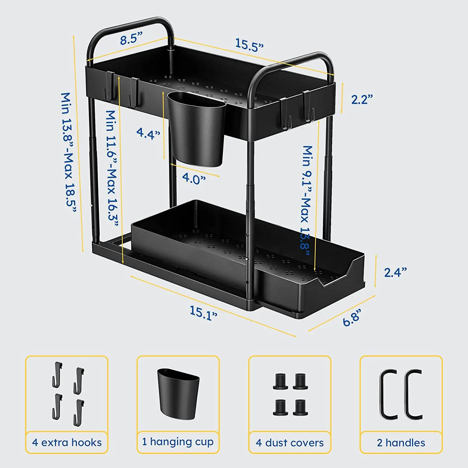 Adjustable Height Under Sink Organizer Sliding Drawer Multi-Purpose Cabinet Organizer with Basket Kitchen Under Sink Organizers