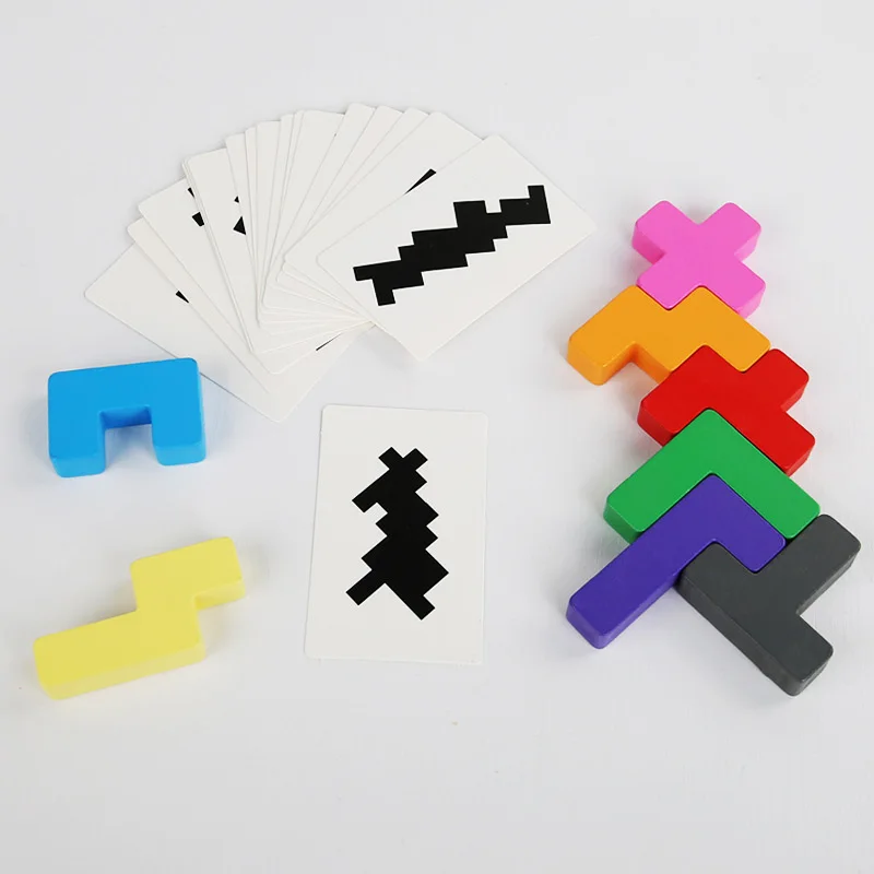 Wooden Shadow Matching Puzzle Montessori Colorful Building Blocks with Card Geometric Shape Sorting Toy Kids Early Learning Game