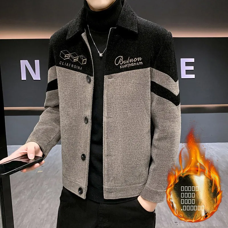 

Thiened Fce ort Tweed Coat Jaet Men's Korean Sle Slim Fit Turn-down Collar Autumn Winter New Faion Outerwear