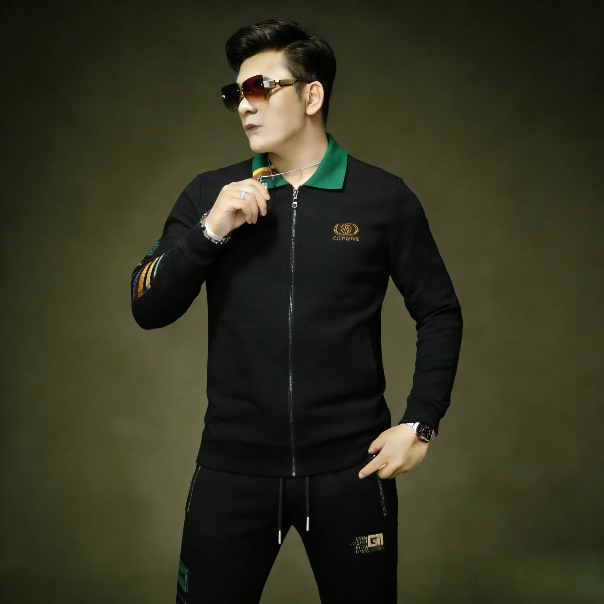 

Contrast Color Collar Jaet Set Embroidered Casual Sports Outerwear Two-Piece Set Cotton Polyester Blend Men's Wear