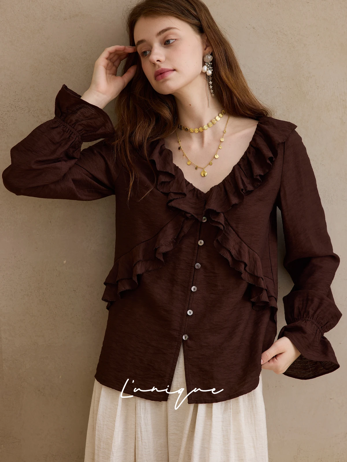 

Lunique Intense V-ne Mixed Linen Fabric Blouse Skin-friendly Breathable Pure Color Commute Sle Long Sve Loos...