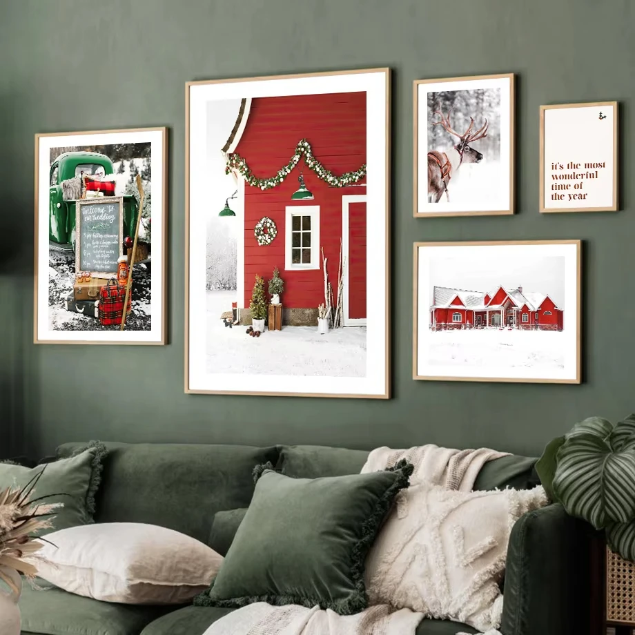 Wall Art Christmas Tree Red House CarReindeer Dog WinterLandscape Poster PrintingCanvas Painting Nordic Home Decoration Pictures