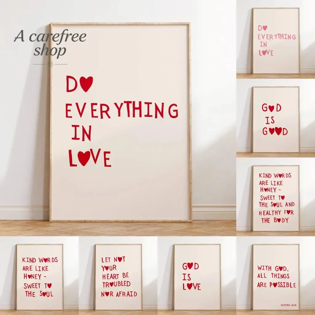 Minimalist Christian Wall Art Red Heart Poster Love Quote Canvas Painting Bible Scripture Hopeful Words Home Decoration