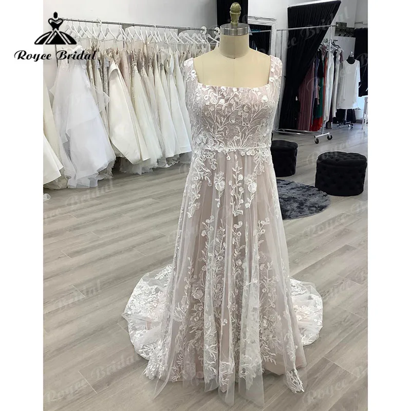 Vestido Plus Size Boho Lace Blush Pink Wedding Dress 2022 Square Neckline Elegant Bridal Long Beach Wedding Gowns Open Back