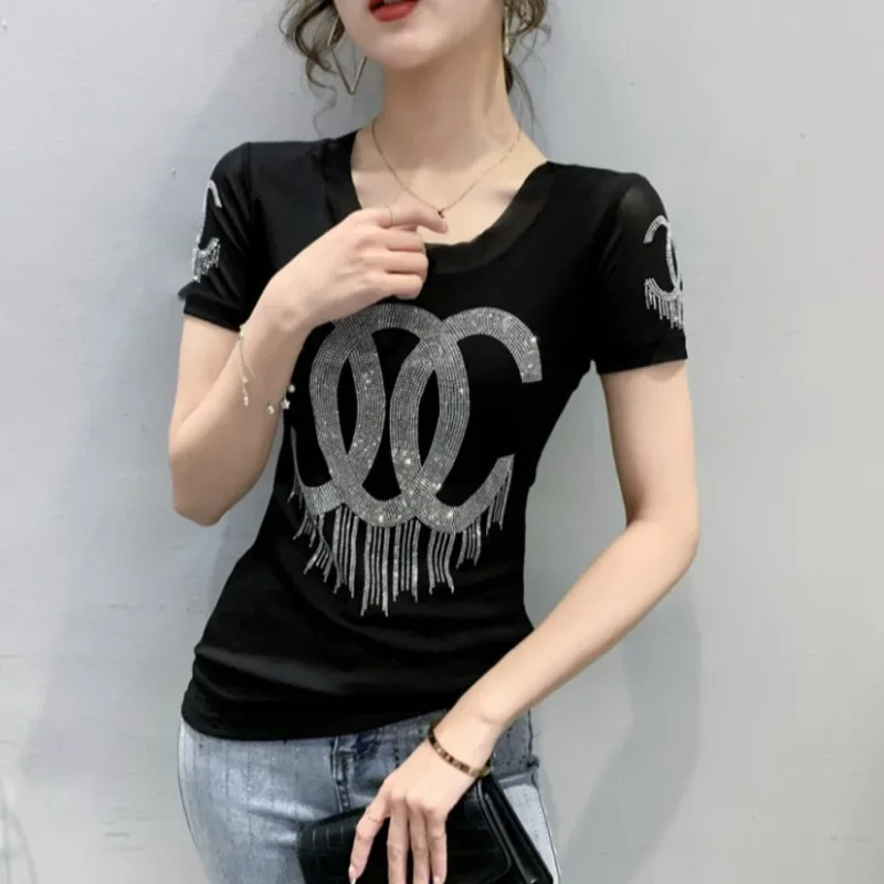 Summer Short Sleeve T Shirt  Women O-Neck Casual  T Shirt Femme Sexy Slim Mesh T-shirt Female Black White Red