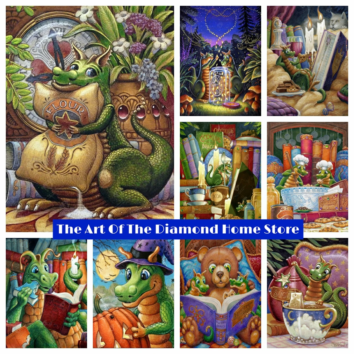 

5d AB Diamond Painting Cute Animal Little Dragon Reading Books By Randal Spangler Full Drills Cross Stitch Mosaic Home Decor