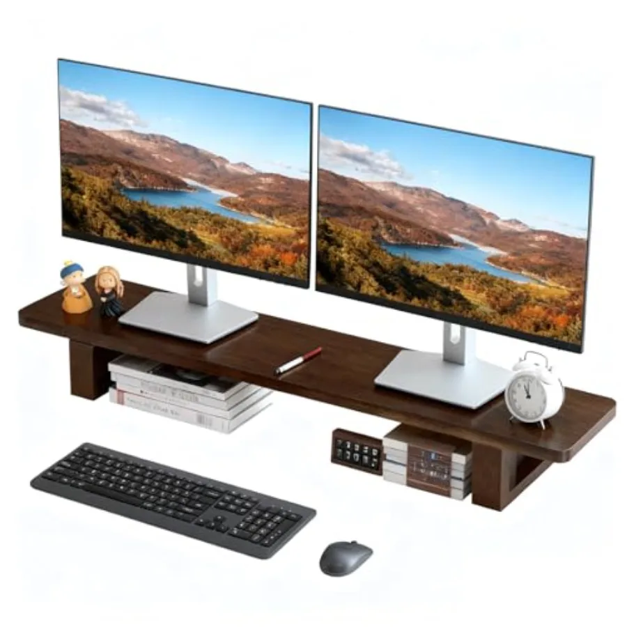 Dual Monitor Stand Riser for desktop use solid wood material walnut finish non-slip pads holds 2 monitors laptops TV PC printer