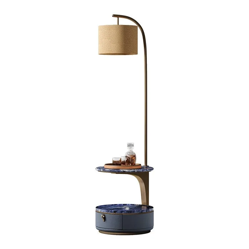 Italian light luxury walnut corner floor lamp, modern luxury stone storage table in the living room, integrated side lamp