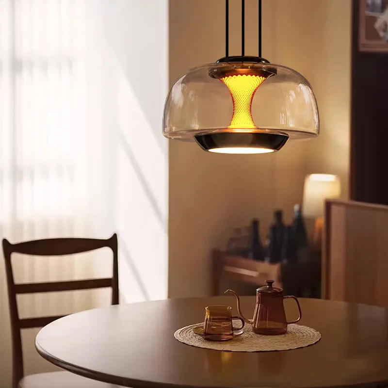 Stylish Art Deco Glass Dome Pendant Light with Warm Amber Inner Glow and Matte Black Metal Details for Dining Room Home