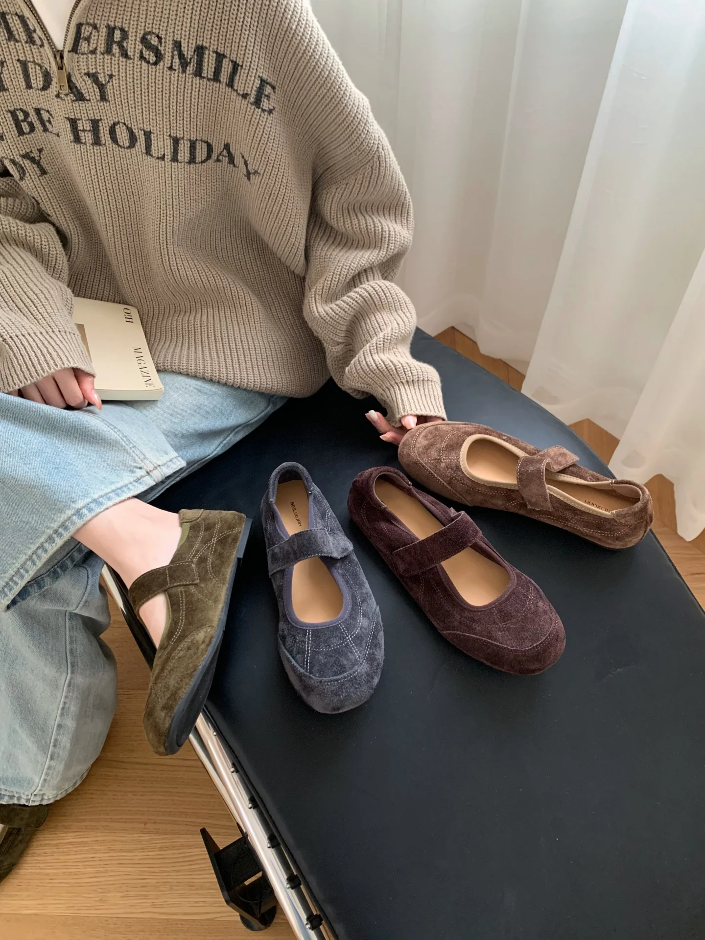 comfortable-korean-style-faux-suede-mary-jane-flat-mouth-single-shoes-buckle-ballet-flats-round-toe-rubber-outsole-anti-slip