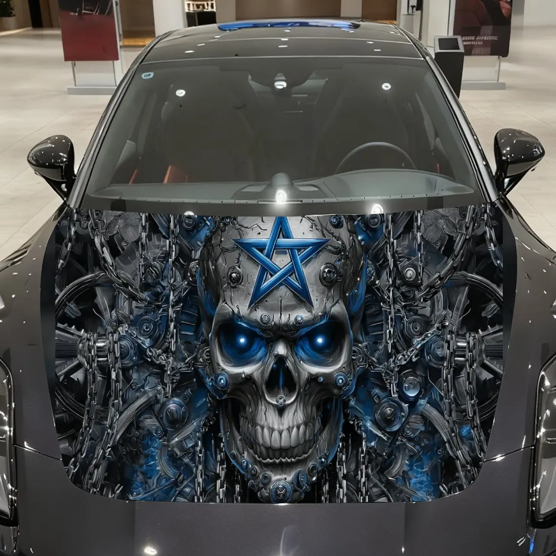 Blue-Silver Skull with Five-Point Star and Mechanical Structure Car Vinyl Wrap, PVC Material Waterproof Car Hood Sticker, Self-A