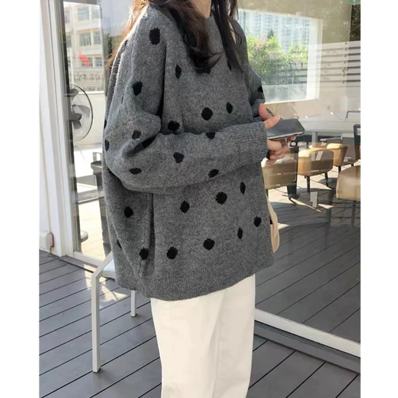 wave point thickened round neck pure woolen sweater woman autumn winter lazy loose cashmere knit sweater bottom sweater jacket