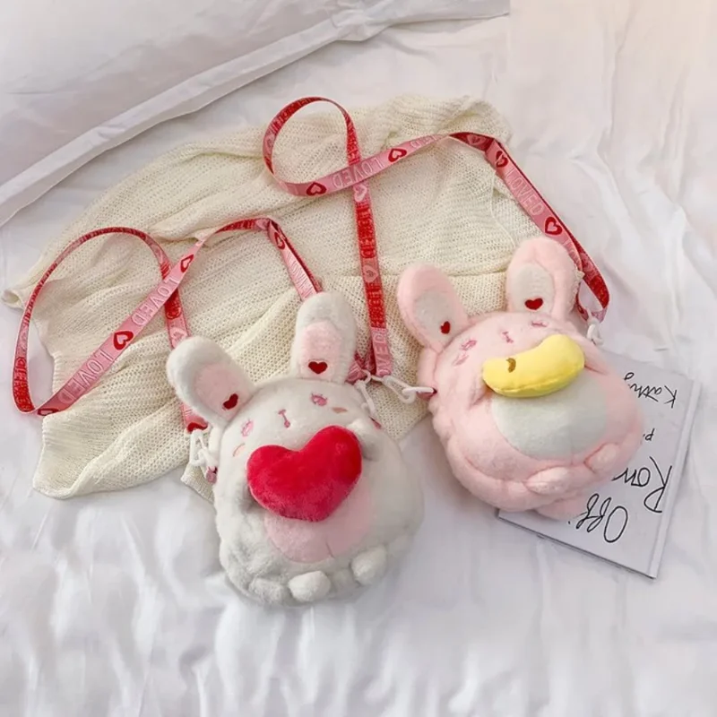 Bolso cruzado de conejo de peluche de muñeca Kawaii, bolso de mensajero de conejo de dibujos animados suave de felpa