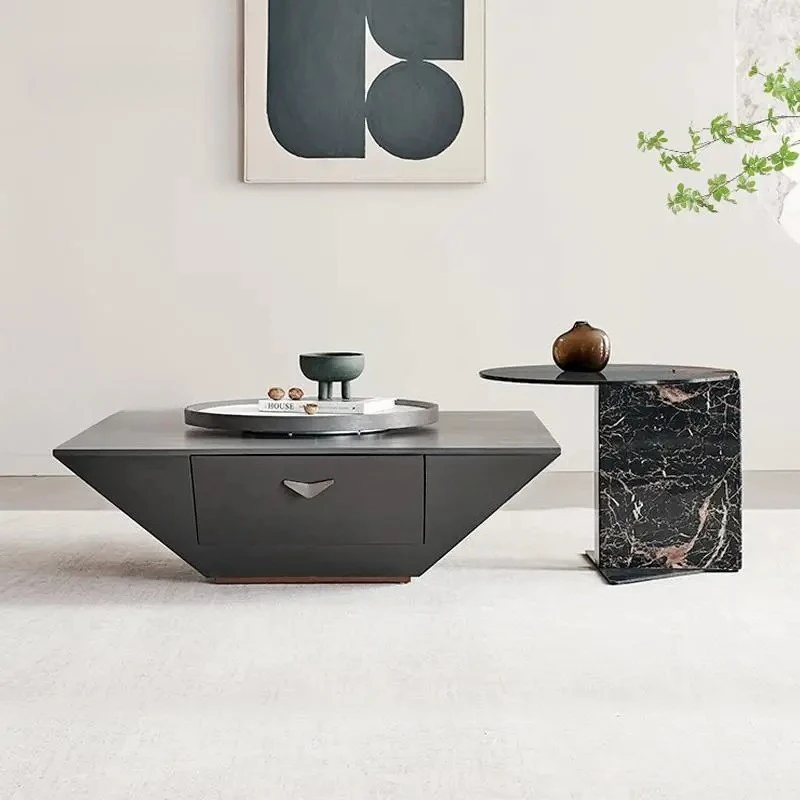

Modern Minimalist Black Square Table With Storage Drawer Matte Rock Panel Desktop Living Room Furniture Coffee Table Combination