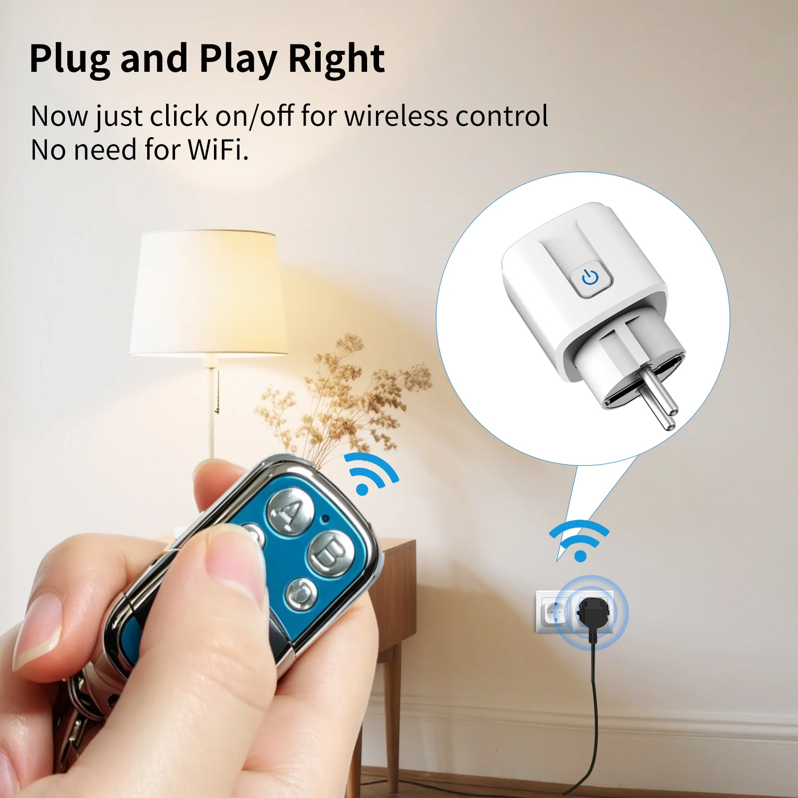 RF433 Smart Plug EU FR Wireless Socket Remote for Lamp Fan TV, Universal 4 Buttons Clone Duplicator Garage Door Opener Remote view 3