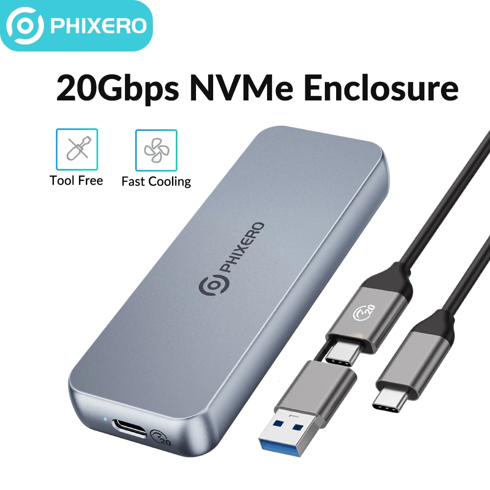 PHIXERO USB3.2 M.2 NVME SSD 20Gbps Case with Built-in Cooling Vest Upgraded Aluminum Type-C M2 NVME SSD Enclosure for  MacBook