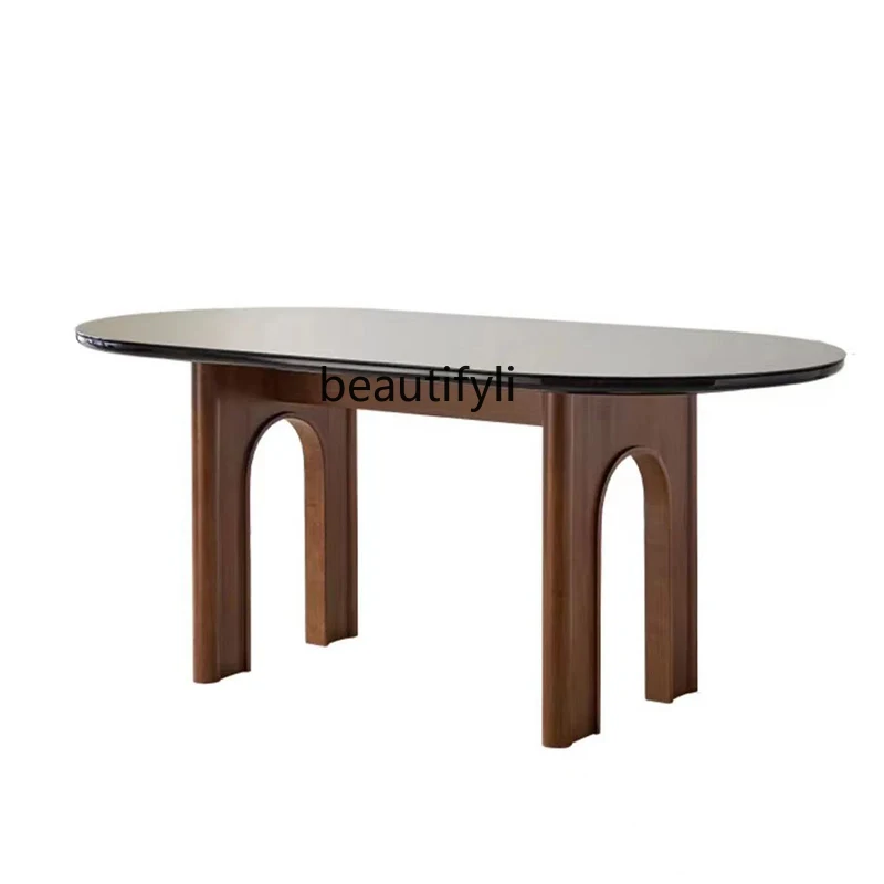 

Retro Oval Dining Table Small Apartment Home Tempered Glass Dining Simple Living Room Desk