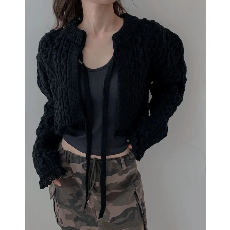 Suéter de Punto Dulce y Juguetón para Mujer con Ribete de Encaje y Diseño de Lazo, Cárdigan Corto de Manga Larga para Otoño e...