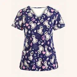 Clinical Uniform Woman Animal Cartoon Print V-Neck Micro-Stretch Dental Nursing Tops Short Sleeve Summers Uniforms Women Medical