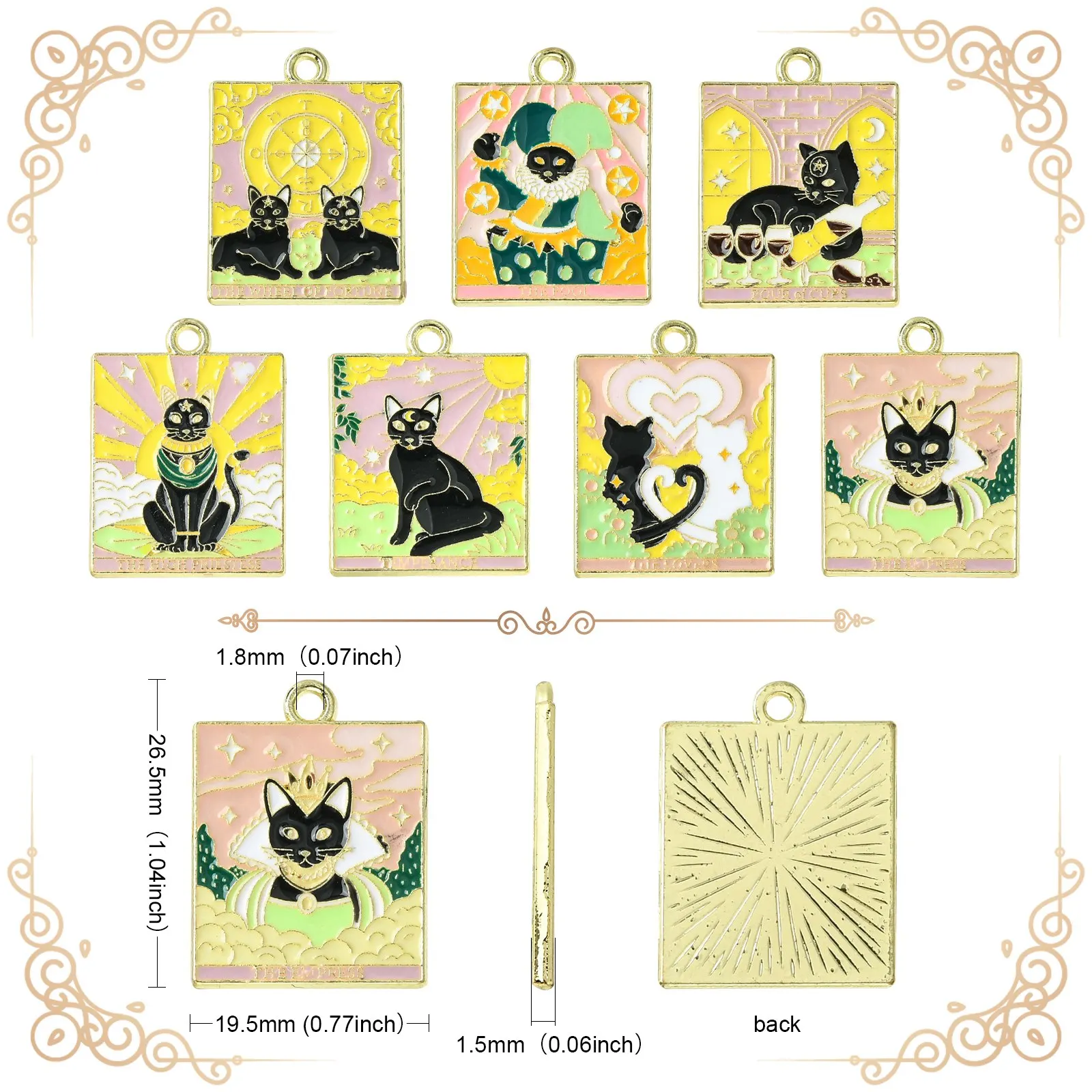 14Pcs 7 Styles Enamel Tarot Charms Lover Queen Clown Charms Rectangle Tarot Card with Black Cat Charms for Jewelry Making