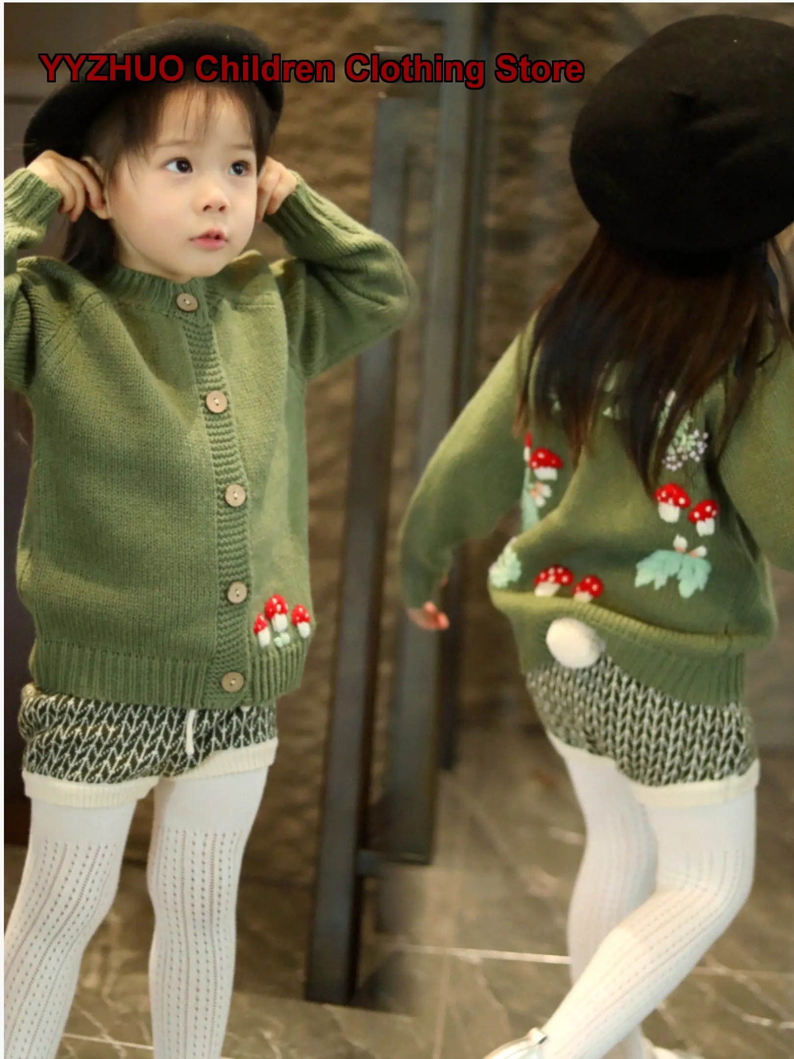 Girls Autumn Winter Knit Cardigan with Hand-Embroidered Mushroom Tail Pants zkako