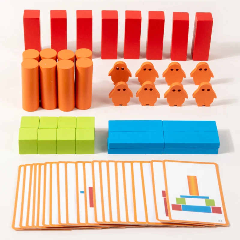 Conjunto de blocos de construção de pinguim de madeira, blocos de empilhamento, criação de jogo de pilha, brinquedos de classificação, formato de cor para crianças em sala de aula escolar