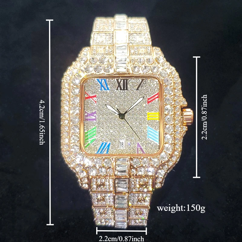 2025 New Luxury Diamond Watch Men Fashion Bling Iced Out Square Quartz Watches Rap Hip Hop Rose Gold Relogio Masculino for Party
