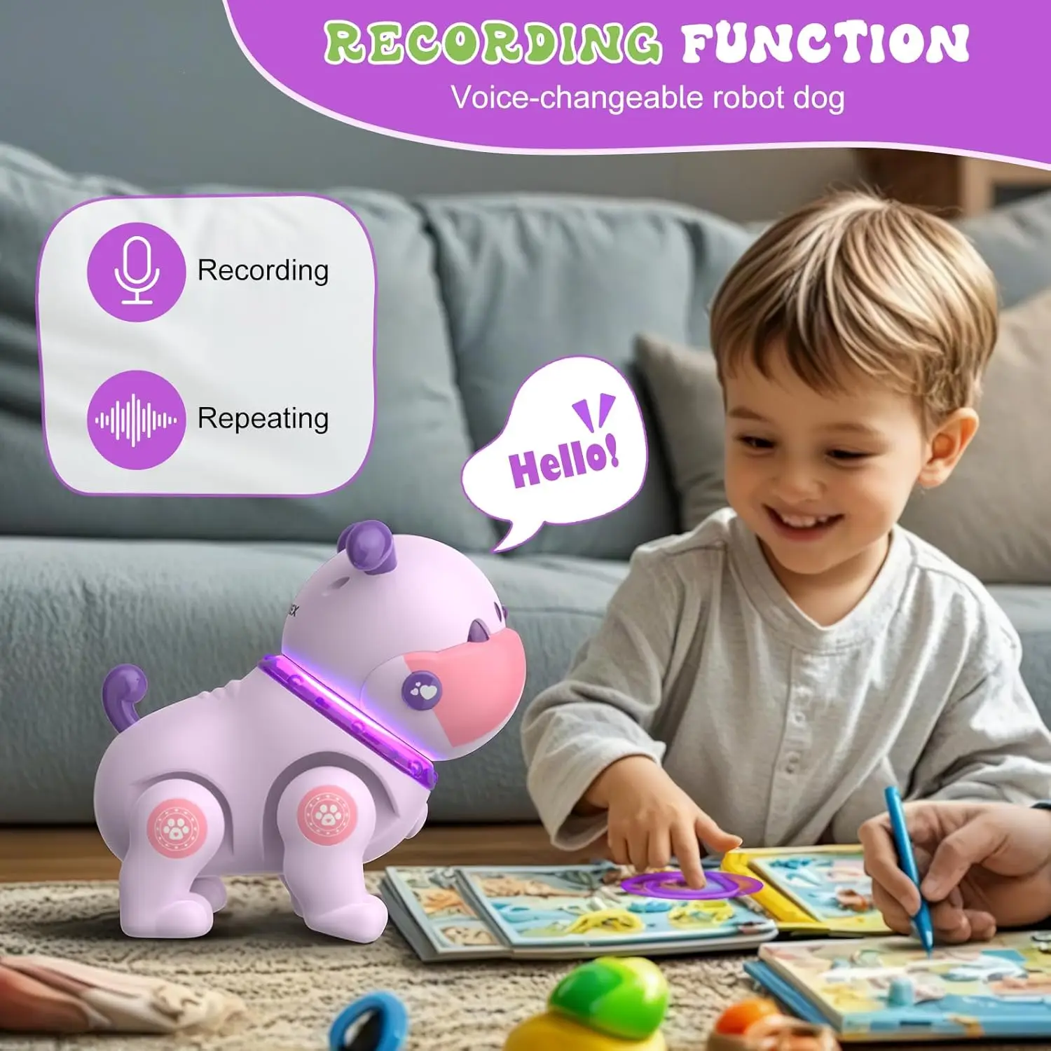 子供用ロボット子犬おもちゃ、リモコンロボットペット、ダンス音楽録音機能付きRCロボット犬、幼児男の子女の子へのギフト