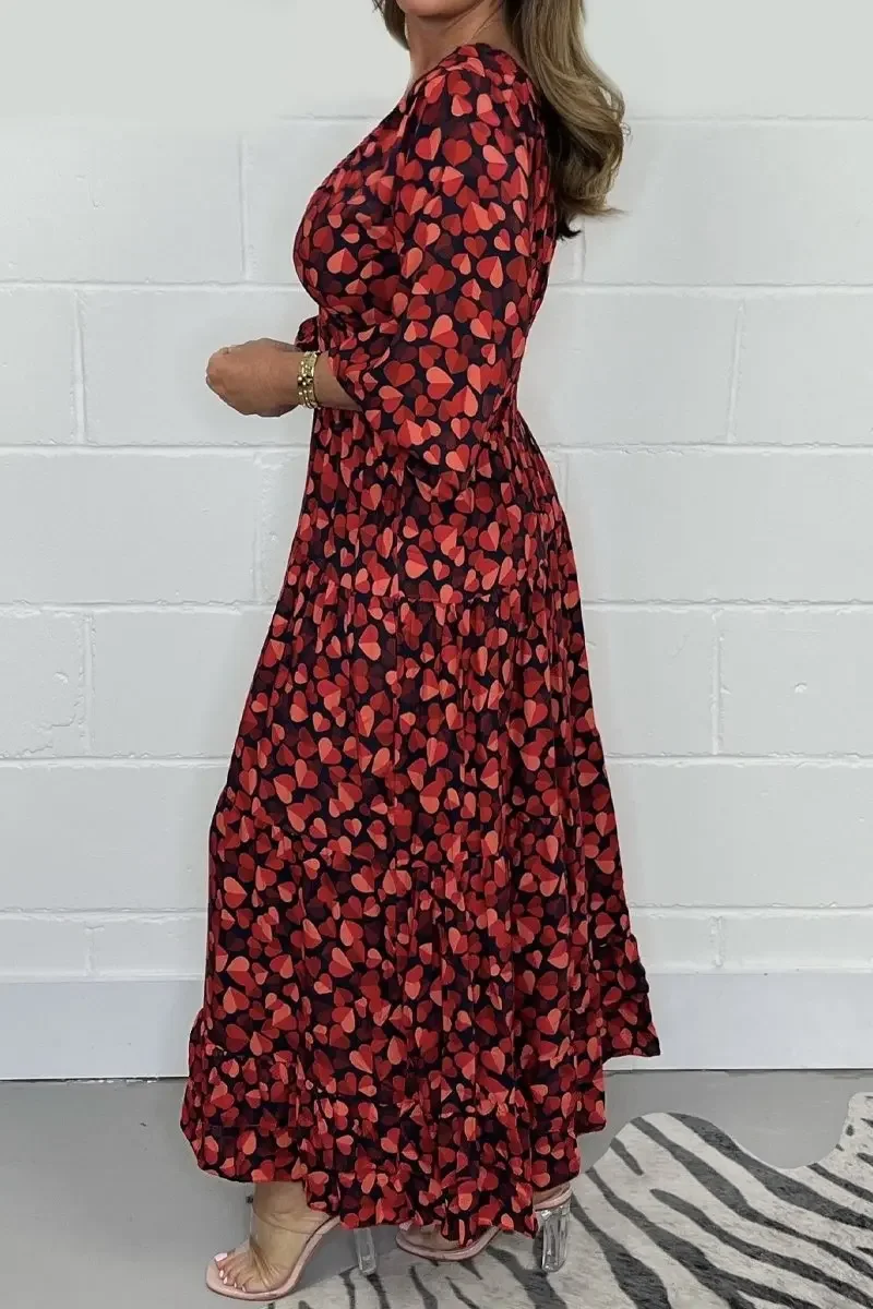 Robe mi-longue smockée en forme de cœur, tenue décontractée, taille haute, col en V, manches longues, à la mode