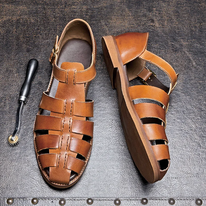 Businessman Cowhide Woven Summer Leather Sandals Men's Roman Buckle Strap Fisherman Breathable High-end Beach Shoes