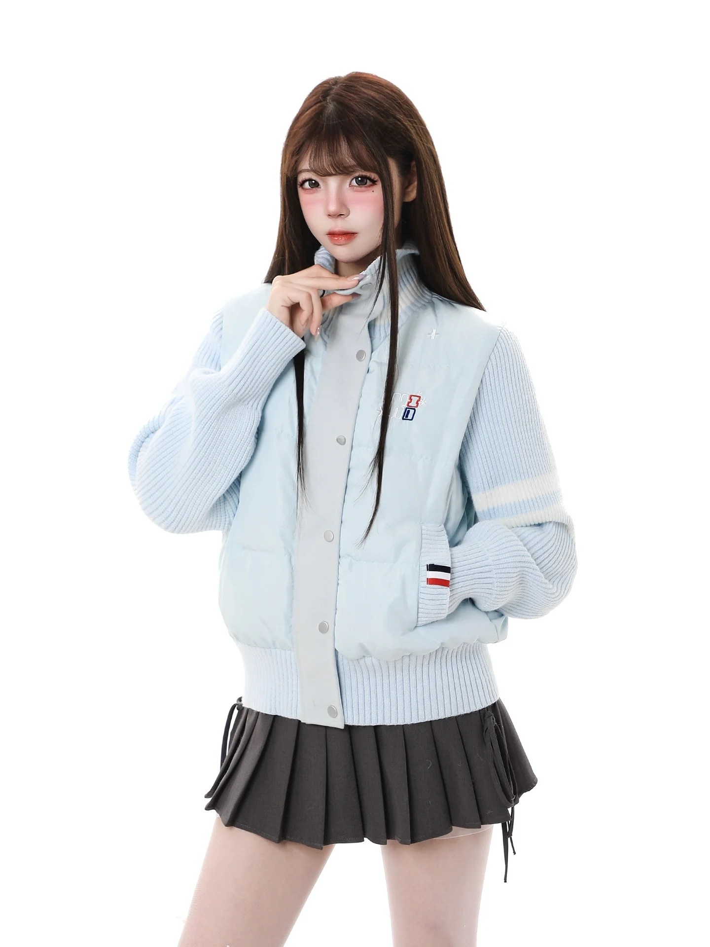 

American Retro Knitted Stand Collar Du down Jaet Women's Winter New Sle Warm Bread Sle Coat Long Sve Single Button