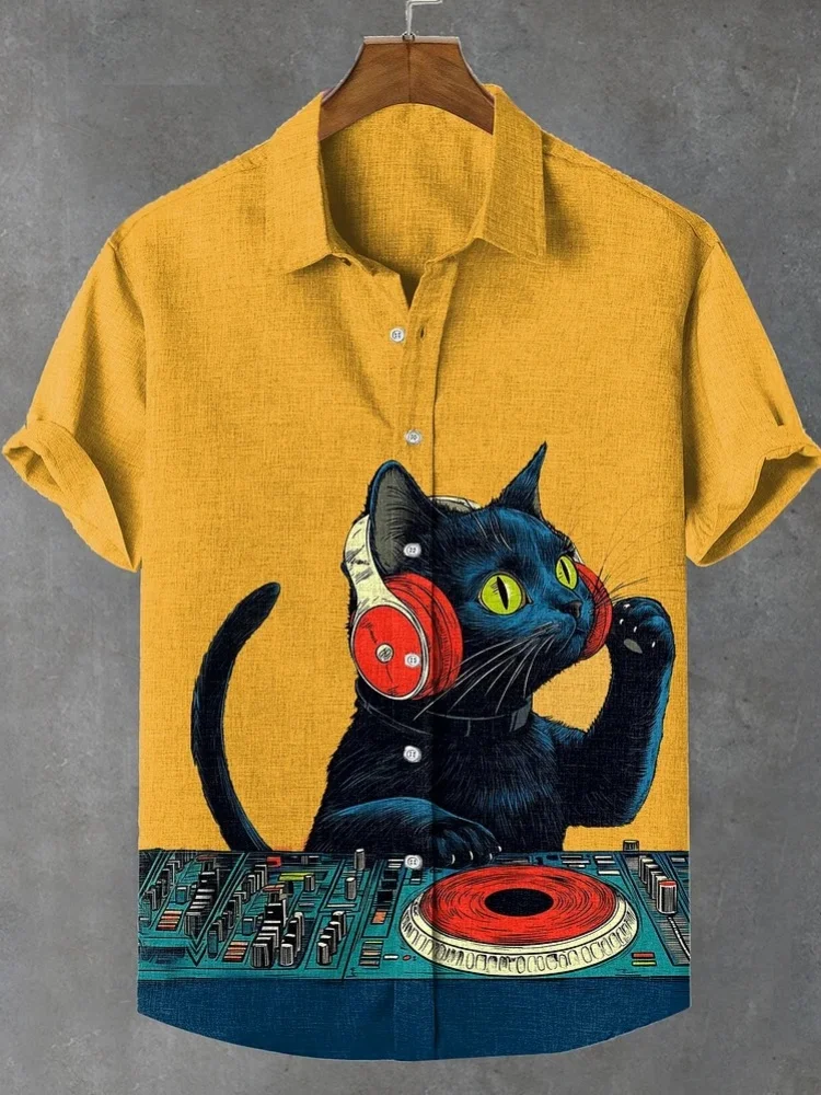 

Мужская повседневная рубашка с коротким рукавом Enjoy Music Black Cat DJ Print, модная летняя рубашка с воротником с лацканами, топы Blusas в стиле ретро, топ большого размера