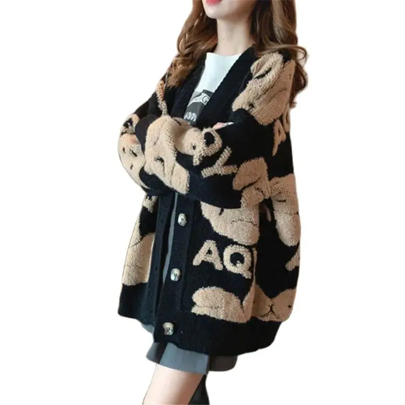 

Autumn Winter Mid-long Sweater Coat Women 2023New Fashion Printing Coat Loose Thick Knit Jacke Buttont Cardigan Outerwear Female