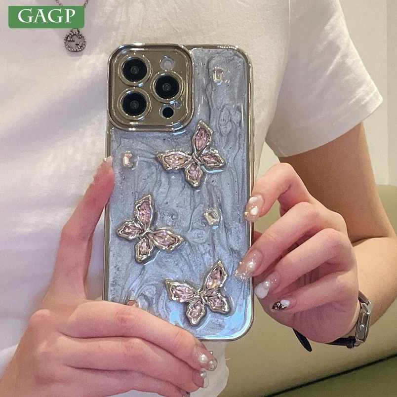 Luxury 3D Butterfly Jewelled Glitter Phone Case For iPhone 15 14 13 12 11 Pro Max XR X XS Max Plus Plating Diamond Bling Cover