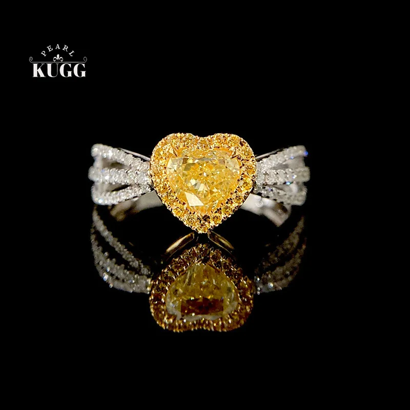 KUGG 100% 18K White Gold Rings Romantic Heart Shape Real Natural Yellow Diamond Engagement Ring for Women High Wedding Jewelry