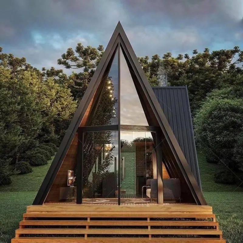 Casa triangular cabine pré-fabricada estrutura de villa modular edifício de aço pequena casa cottage resort acampamento
