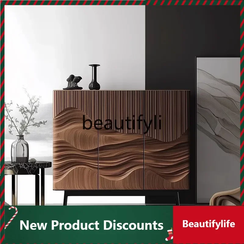 

Walnut solid wood shoe cabinet integrated against the wall guest creative retro relief storage side cabinet D80