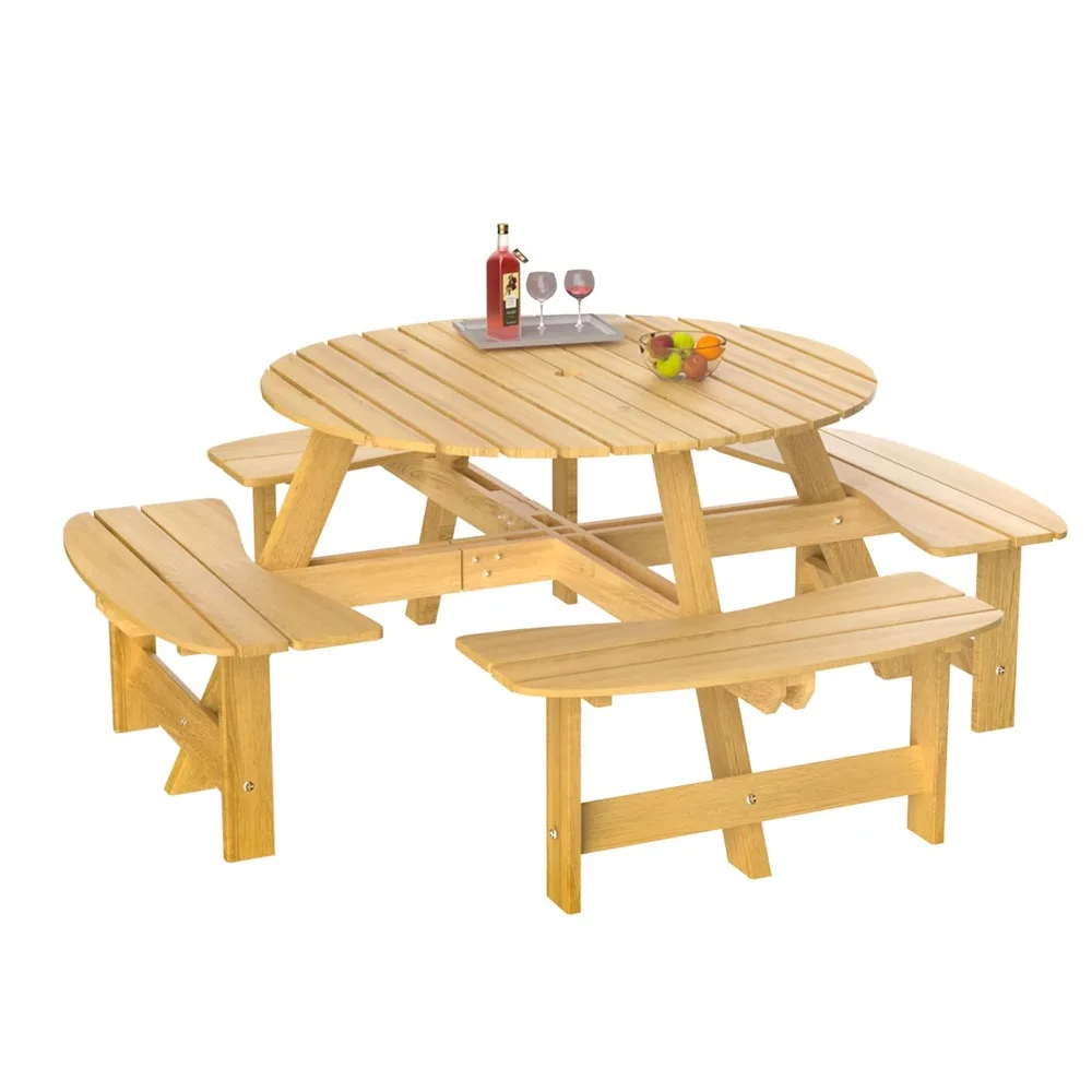 

8-Person Outdoor Wooden Circular Picnic Table, Outside Patio Diningtables Set with 4 Built-in Bench & Umbrella Hold Hole Design