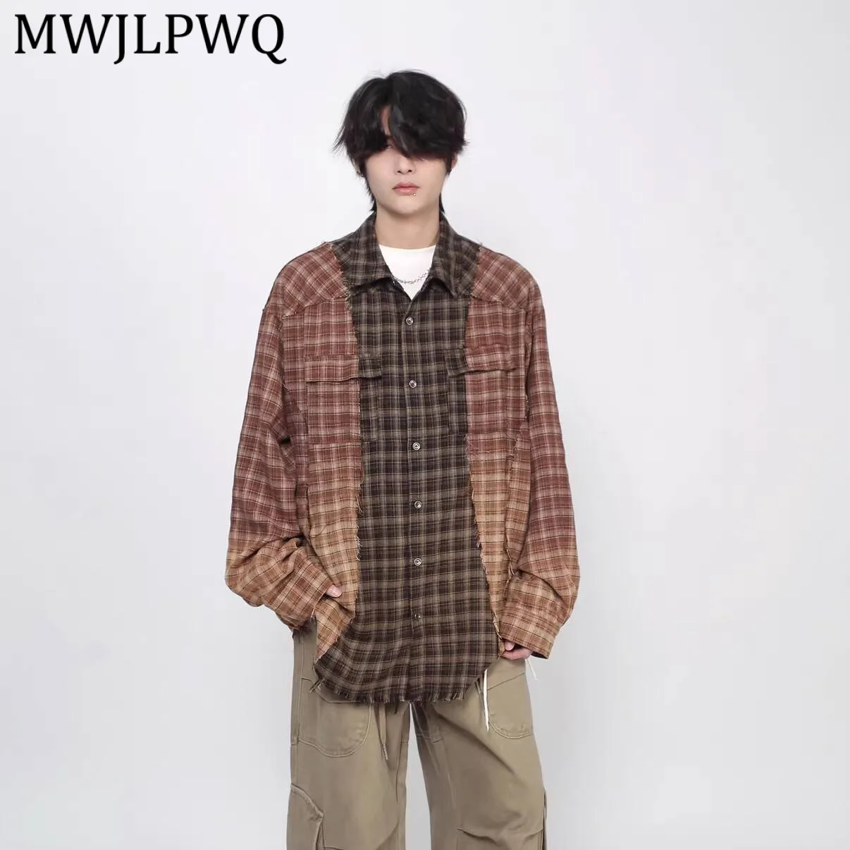 

MWJLPWQ Рубашка в американском уличном стиле с контрастным клетчатым узором, мужская, с длинными рукавами, модная, свободная, повседневная, в стиле ретро, 13637