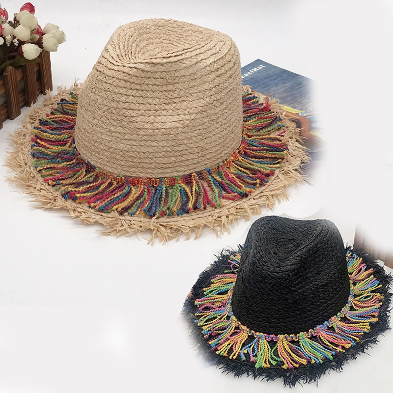 

New Fashion Dopamine Multi Colored Tassel Grass Hat Sun Shading Sun Protection Breathable Weaving Wide Brim Handmade Straw Hats