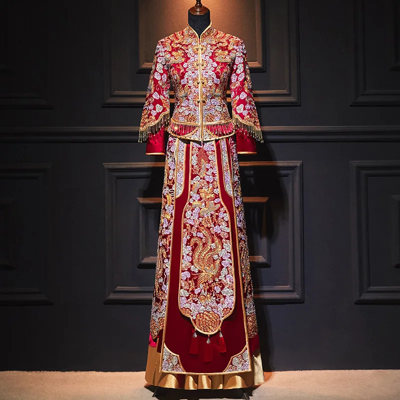 Chinese Traditional Wedding Suit Men Women Long Cheongsam Dress Stylish Elegant Bride Dragon Phoenix Vintage китайская одежда