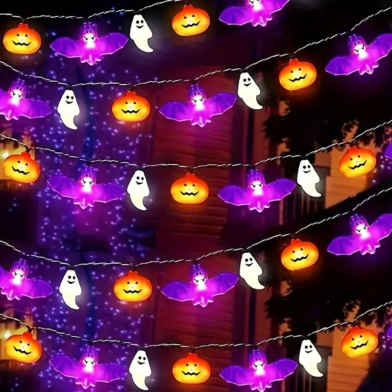 1PC LED Halloween Bat & Ghost & Pumpkin String Light Battery Powered For Home Bedroom Living Room Halloween Theme Party Decor