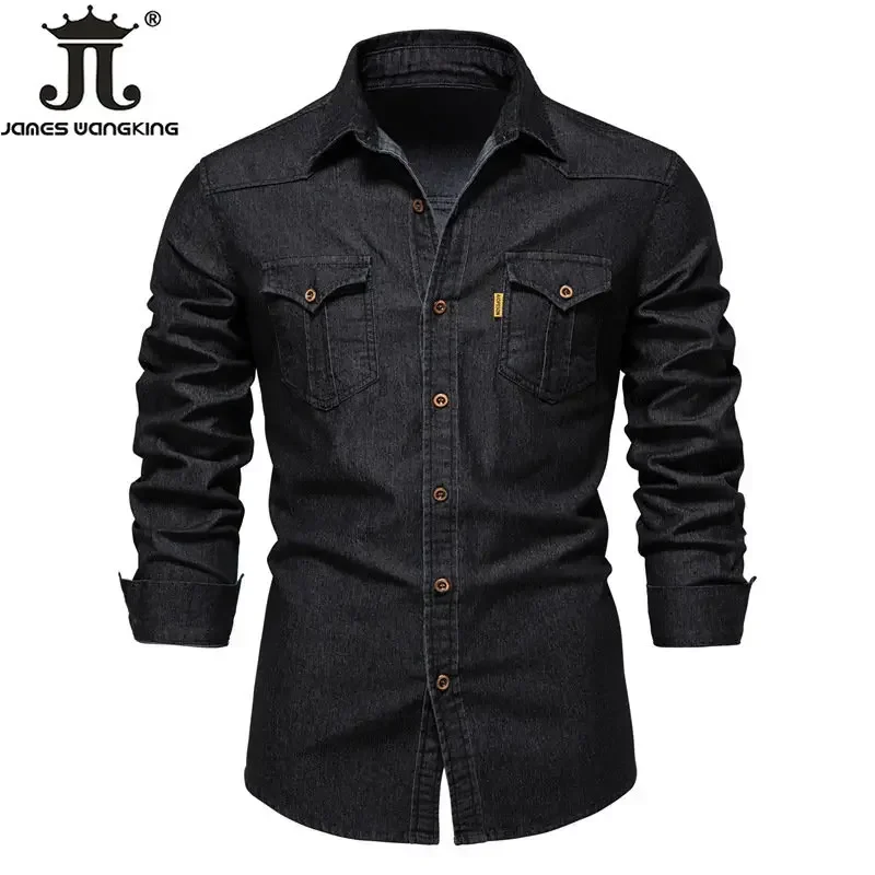 US Size S-5XL Cotton Men\'s Long-sleeved Washed Denim Shirt Casual All-match Button Solid Color outdoor Shirt Male