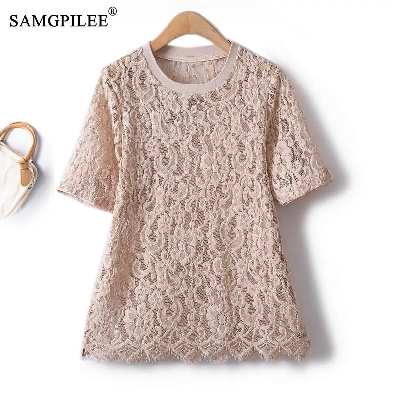 

European Station 2023 Summer Cashew Flower Lace Hollow Round Neck Short Sleeved Tops Women Mesh Bottoming Oversized T-shirt 4XL