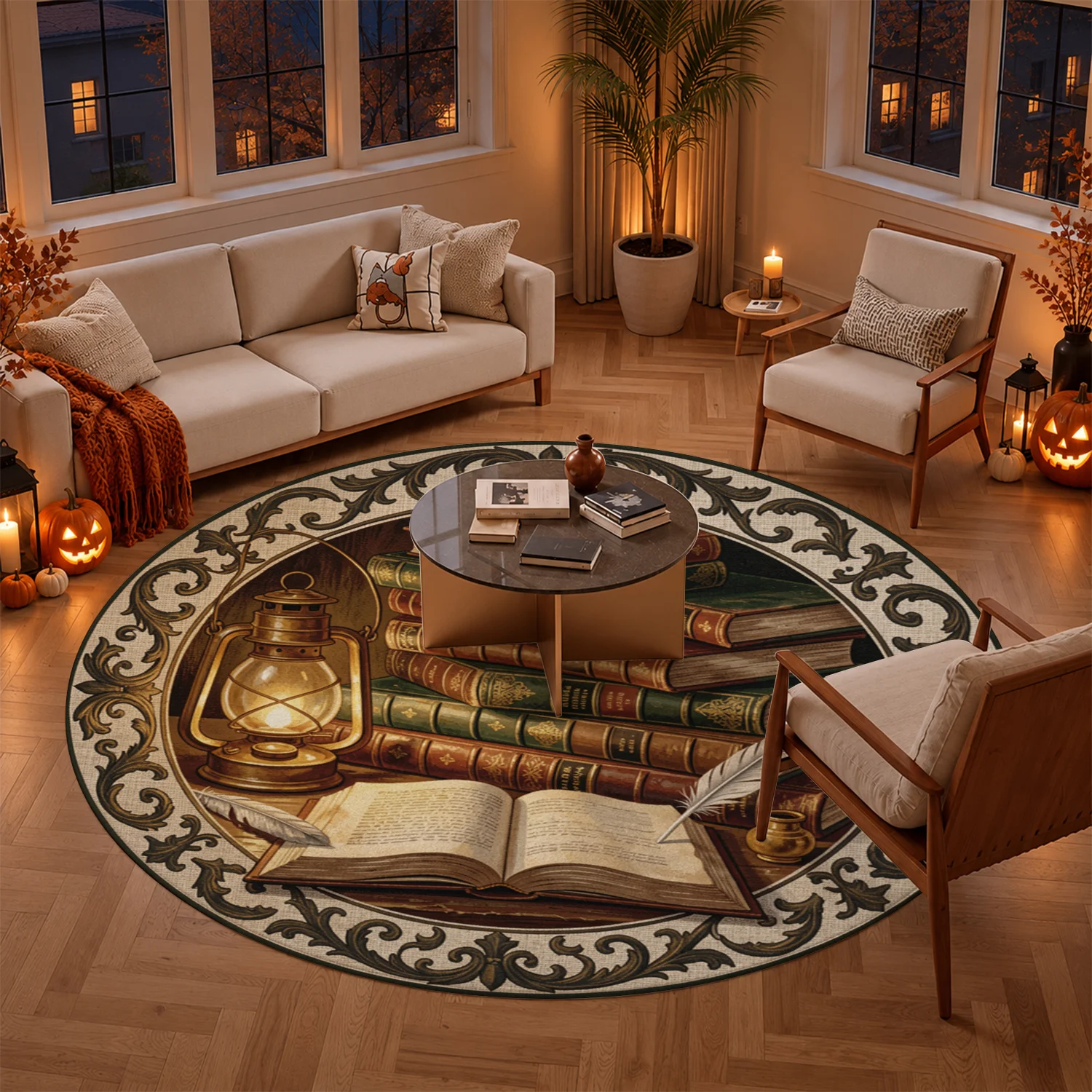 Vintage Books Lantern Quill Scrollwork Round Area Rug, Velvet Material, Machine Washable, Stays Firmly In Place, Suitable for Living Room, Study, Office, Bedroom, Great for Halloween, Thanksgiving, Christmas, New Year, Black Friday, Cyber Monday