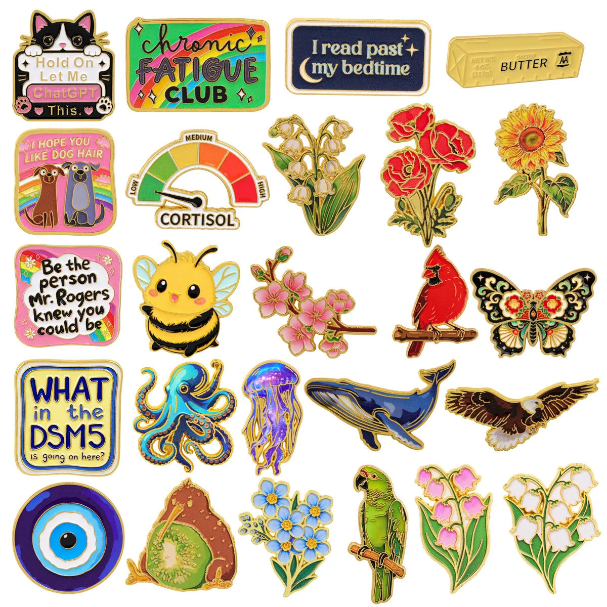 Creative Cat Bee Flowers Enamel Pins Funny Quotes Floral Ocean Animal Lapel Brooch Badge for Bag Hat Ornament Collection