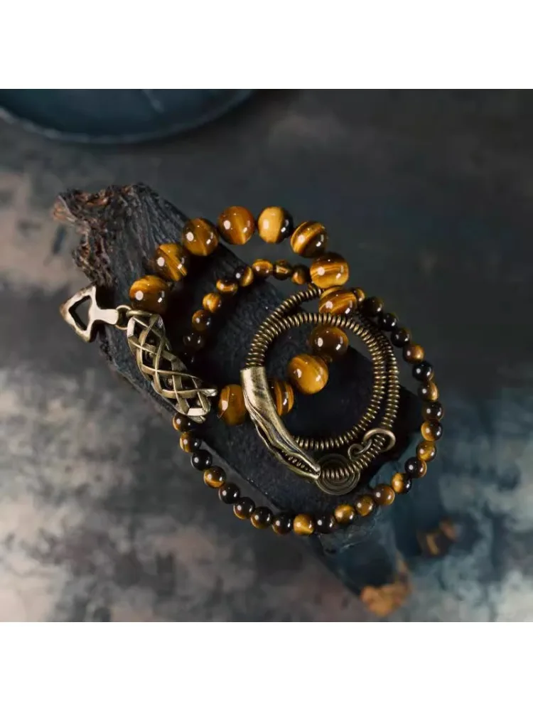 H Gelang Multi Lapis Batu Mata Harimau Kuning Retro Kit Perhiasan Gelang Ceruk Serbaguna Kepribadian Pria