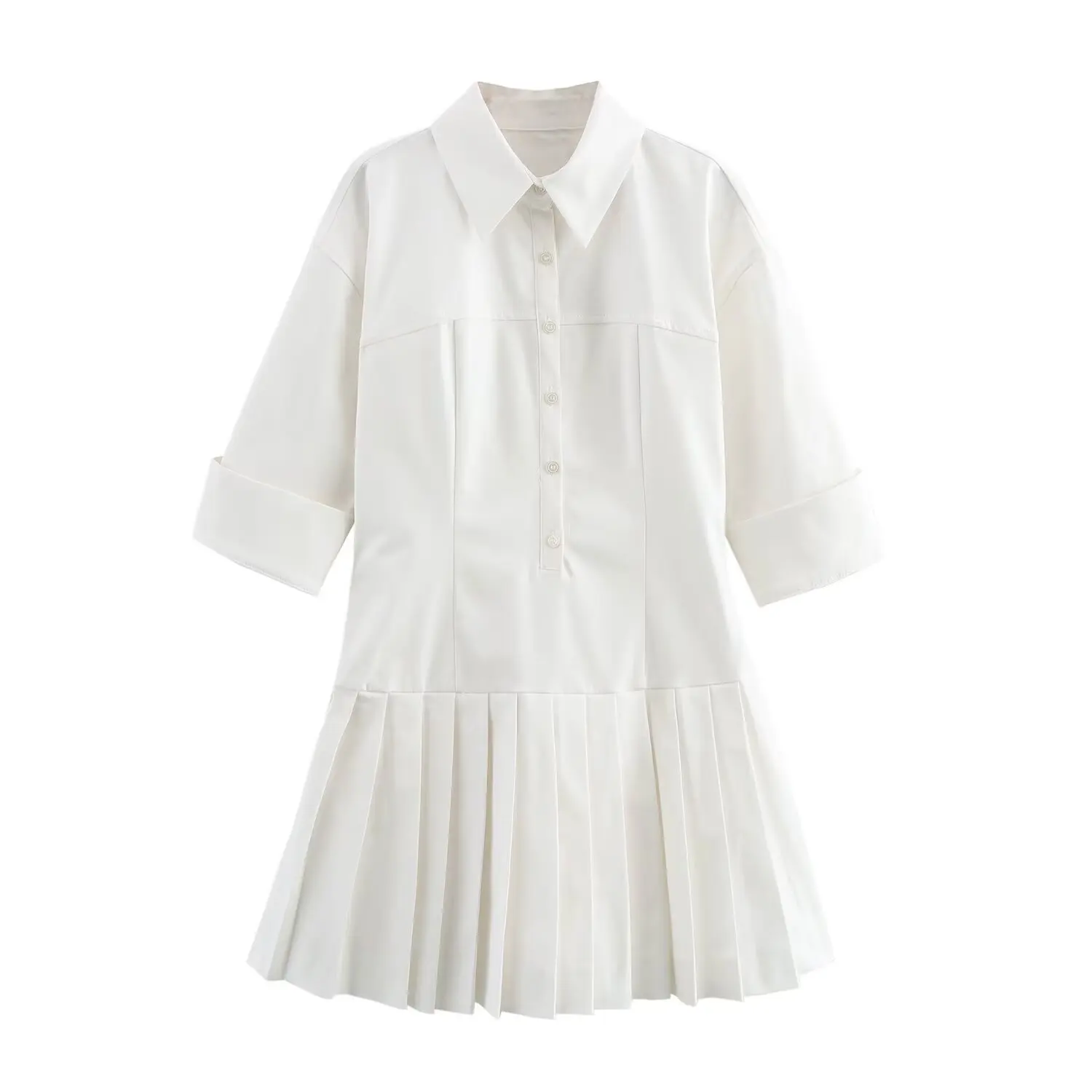 

ZBZA Women Pleated Shirt Dress Lapel Long Sleeves Single Breasted Hidden Zipper Solid A-line Pleated Dress Summer New Chic Dress